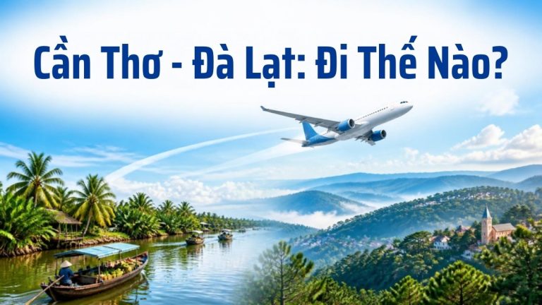 Máy bay bay trên bầu trời nối miền Tây sông nước Cần Thơ với đồi thông Đà Lạt, minh họa hành trình từ Cần Thơ đến Đà Lạt