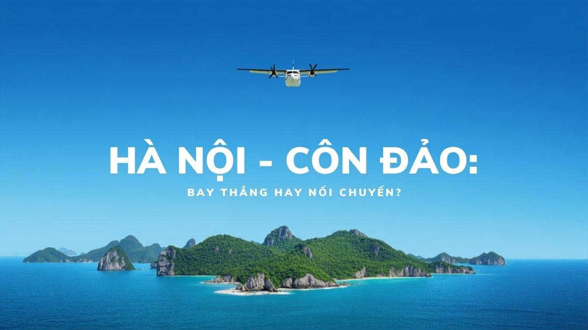 Máy bay cánh quạt ATR72 bay trên bầu trời xanh phía trên quần đảo Côn Đảo, minh họa tuyến bay Hà Nội đi Côn Đảo