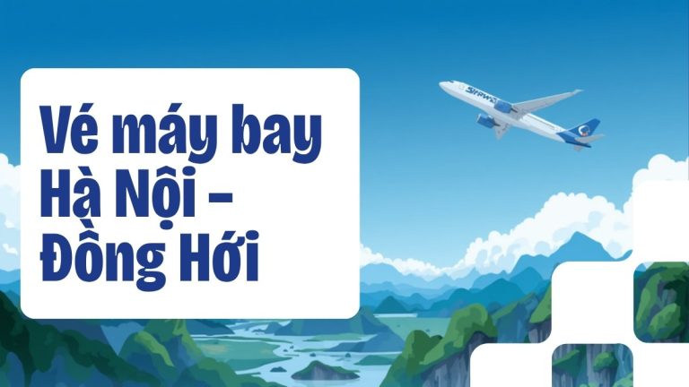 Máy bay cất cánh trên bầu trời xanh với núi đá vôi và sông nước kiểu Phong Nha - Kẻ Bàng, minh họa tuyến bay Hà Nội - Đồng Hới