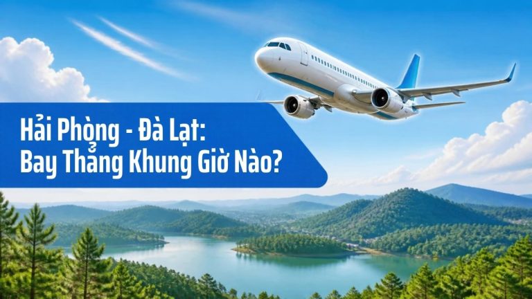 Máy bay bay trên bầu trời Đà Lạt với đồi thông và hồ nước, minh họa tuyến bay thẳng Hải Phòng - Đà Lạt
