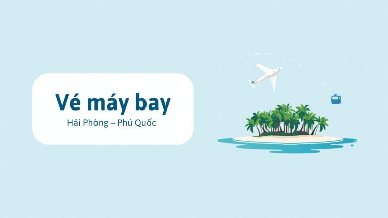 Minh họa máy bay bay tới đảo Phú Quốc với hàng dừa và cáp treo, ảnh bìa bài vé máy bay Hải Phòng – Phú Quốc
