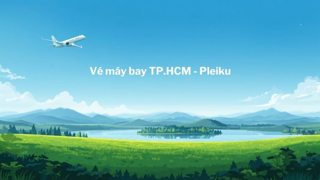 Máy bay bay trên bầu trời xanh với khung cảnh hồ nước và cao nguyên xanh mướt tượng trưng cho tuyến bay TP.HCM đi Pleiku, Gia Lai