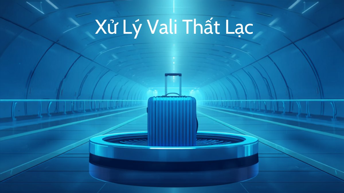Vali du lịch màu xanh dương đứng trên băng chuyền hành lý sân bay, minh họa tình huống vali thất lạc khi đi máy bay