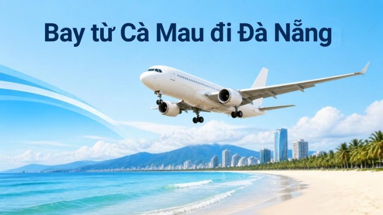 Máy bay trắng hạ cánh trên biển Mỹ Khê Đà Nẵng, minh họa hành trình bay từ Cà Mau đi Đà Nẵng