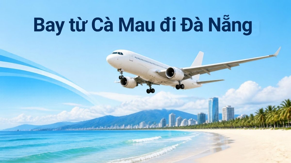Máy bay trắng hạ cánh trên biển Mỹ Khê Đà Nẵng, minh họa hành trình bay từ Cà Mau đi Đà Nẵng