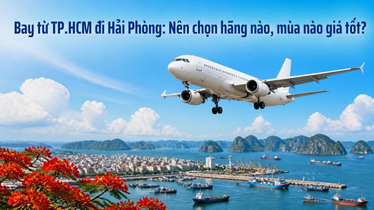 Máy bay hạ cánh xuống thành phố cảng Hải Phòng với hoa phượng đỏ và núi đá vôi Cát Bà – minh họa bài bay từ TP.HCM đi Hải Phòng