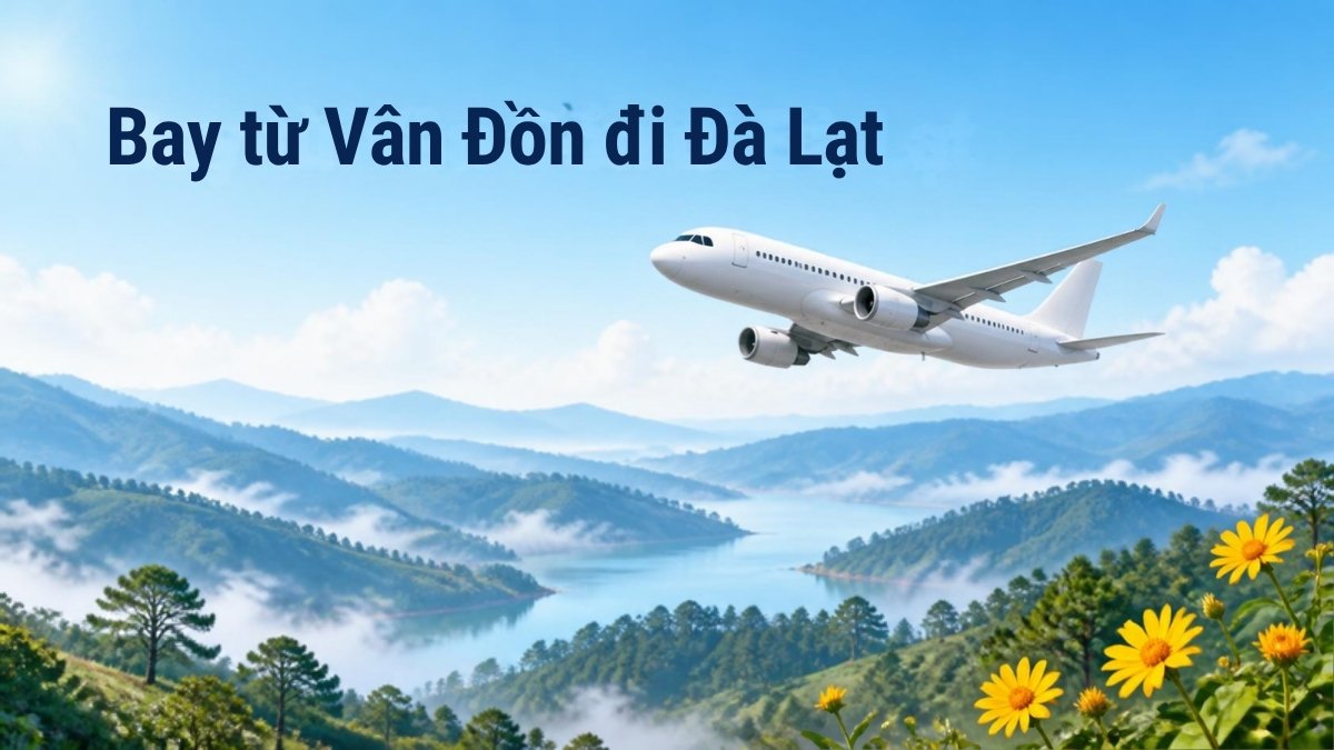 Máy bay trắng bay trên đồi thông và hồ sương Đà Lạt có hoa dã quỳ, minh họa hành trình bay từ Vân Đồn đi Đà Lạt