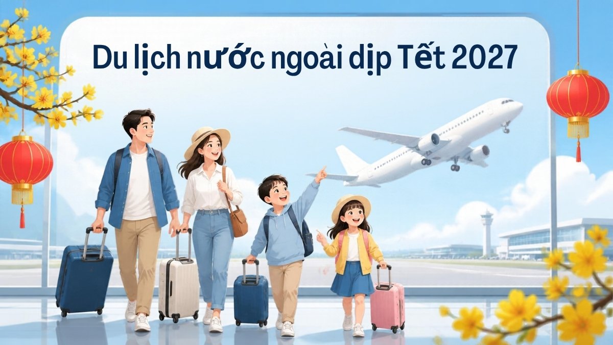 Gia đình Việt kéo vali tại sân bay chuẩn bị du lịch nước ngoài dịp Tết 2027