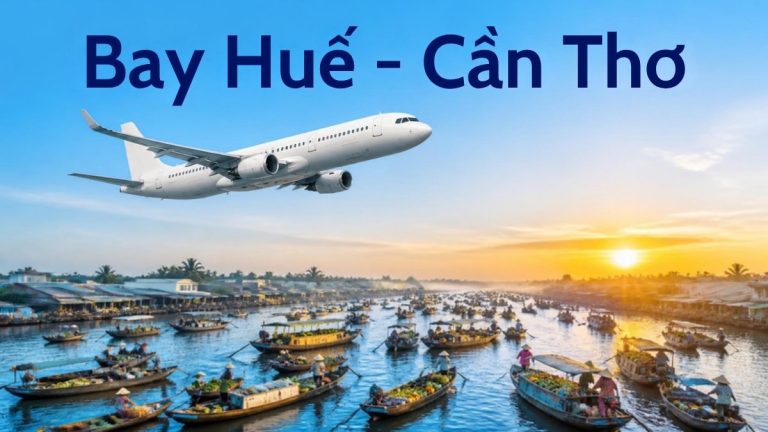 Máy bay trắng bay trên chợ nổi Cái Răng lúc bình minh, minh họa hành trình bay Huế – Cần Thơ