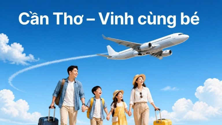 Gia đình có trẻ nhỏ kéo vali ra sân bay – minh họa kinh nghiệm đặt vé Cần Thơ Vinh cùng bé