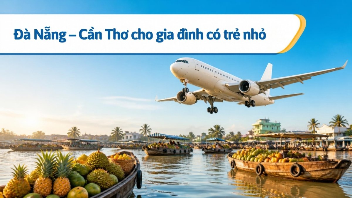 Máy bay hạ cánh trên chợ nổi Cái Răng Cần Thơ - minh họa kinh nghiệm đặt vé Đà Nẵng – Cần Thơ cho gia đình có trẻ nhỏ