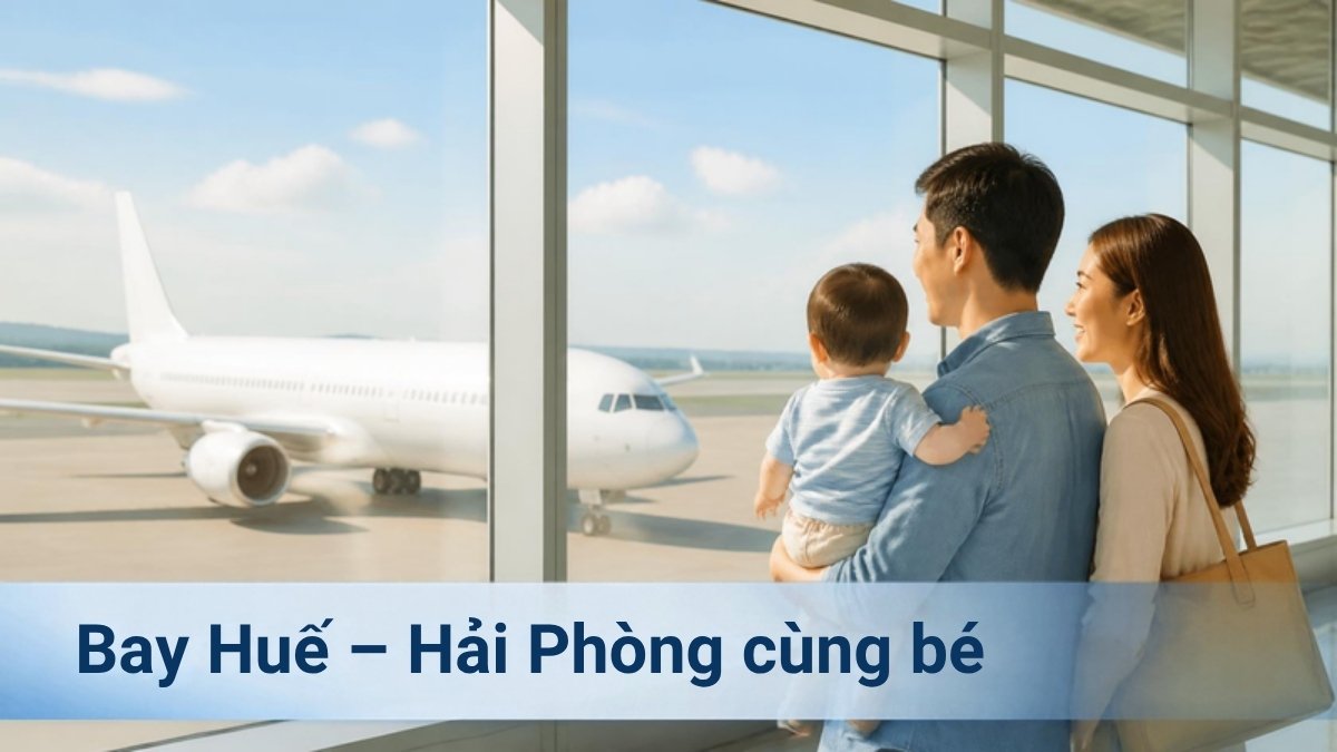 Gia đình bế bé nhỏ nhìn máy bay qua cửa kính nhà ga – kinh nghiệm bay Huế – Hải Phòng cùng trẻ nhỏ