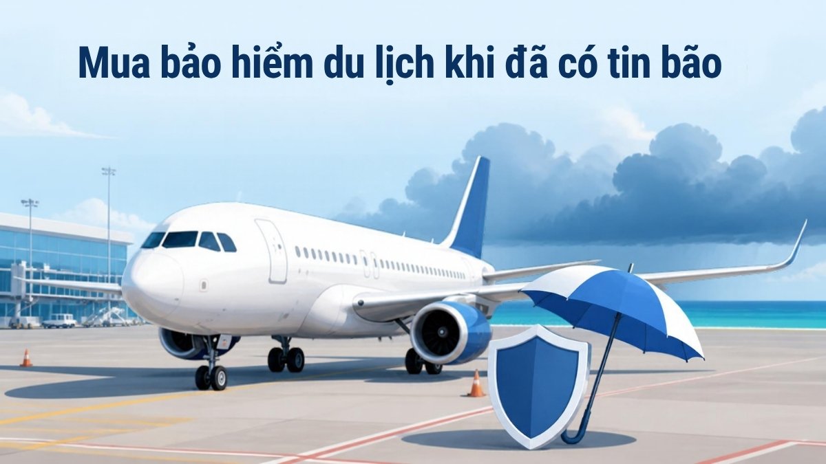 Máy bay chờ cất cánh trước mây bão, minh họa việc mua bảo hiểm du lịch khi đã có tin bão