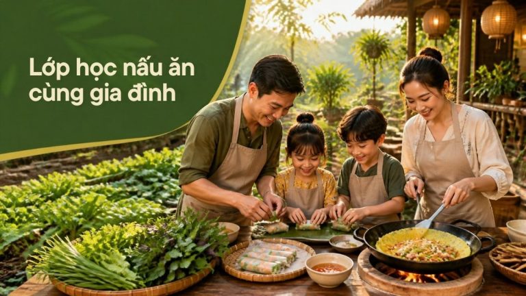 Gia đình cùng cuốn gỏi cuốn và làm bánh xèo ngoài vườn – minh họa lớp học nấu ăn cùng gia đình