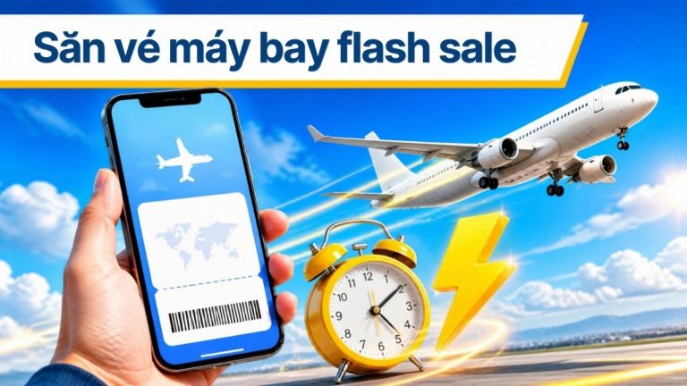 Điện thoại hiển thị vé máy bay điện tử, đồng hồ báo thức và máy bay cất cánh – minh họa săn vé máy bay flash sale