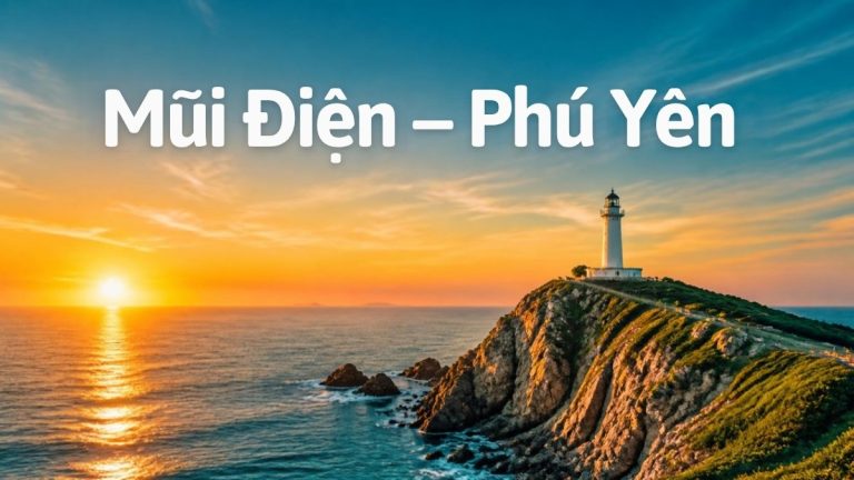 Bình minh trên mũi đất có hải đăng nhô ra biển – minh họa Mũi Điện Phú Yên đón bình minh
