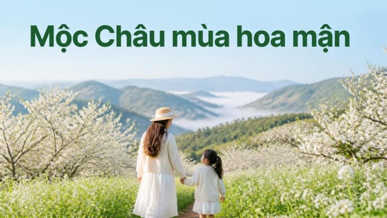 Mẹ và bé đi dạo giữa đồi hoa mận trắng – minh họa Mộc Châu mùa hoa mận, hoa cải trắng