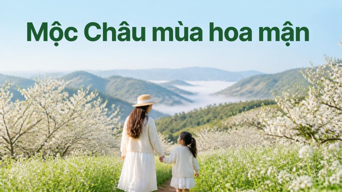 Mẹ và bé đi dạo giữa đồi hoa mận trắng – minh họa Mộc Châu mùa hoa mận, hoa cải trắng