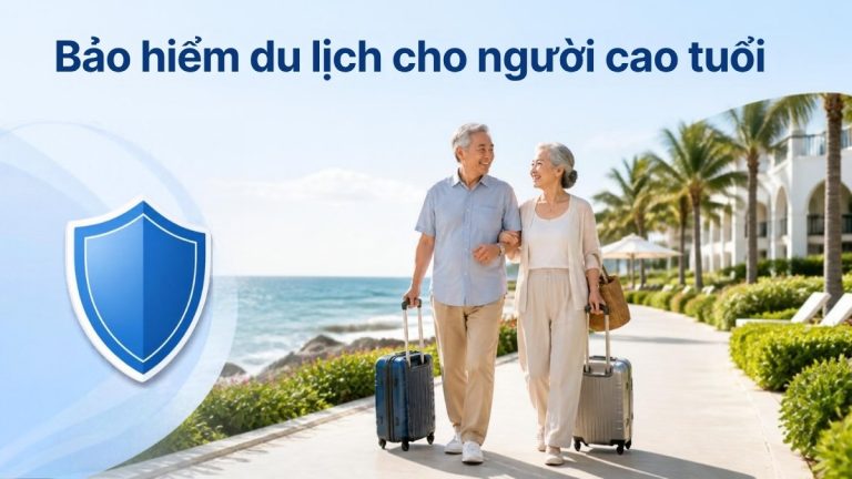 Cặp vợ chồng cao tuổi kéo vali ở khu nghỉ dưỡng biển cùng biểu tượng khiên bảo vệ – minh họa bảo hiểm du lịch cho người cao tuổi