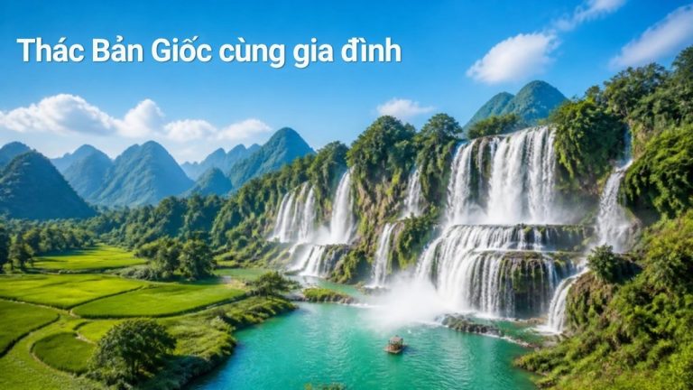 Thác nước nhiều tầng giữa ruộng lúa và núi đá vôi – minh họa hành trình đến thác Bản Giốc cùng gia đình