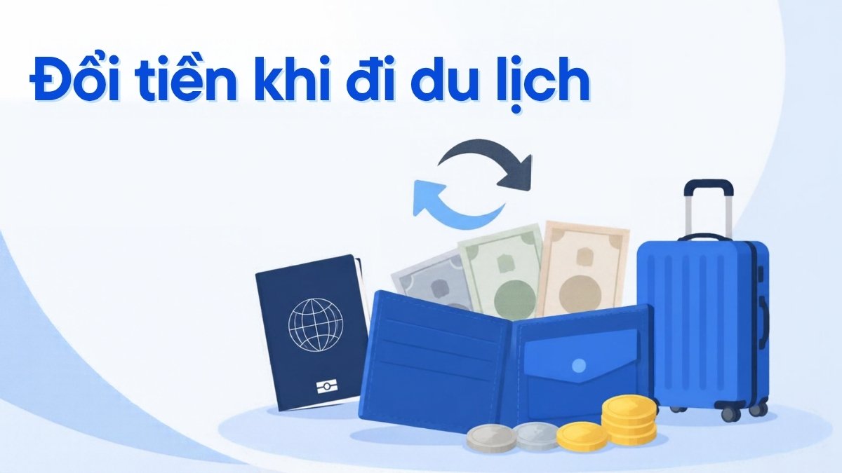 Ví, ngoại tệ, đồng xu, hộ chiếu và vali – minh họa đổi tiền khi đi du lịch