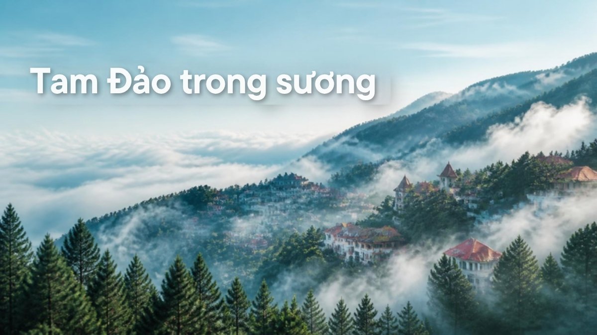 Thị trấn núi với biệt thự mái đỏ ẩn trong sương và rừng thông – minh họa Tam Đảo trong sương
