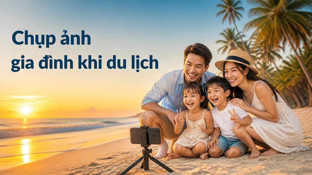 Gia đình chụp ảnh bằng điện thoại trên chân máy ở bãi biển – minh họa cách chụp ảnh gia đình khi du lịch
