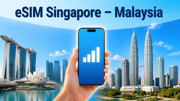Điện thoại bắt sóng mạnh giữa thành phố Singapore và Kuala Lumpur – minh họa eSIM Singapore – Malaysia