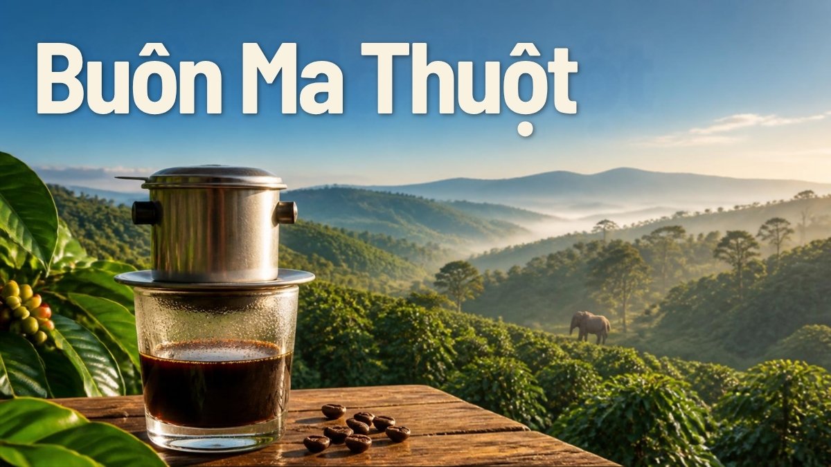 Ly cà phê phin trước đồi cà phê và chú voi Tây Nguyên – minh họa du lịch Buôn Ma Thuột