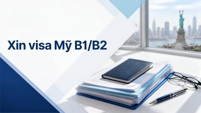 Hộ chiếu và tập hồ sơ trên bàn – minh họa giấy tờ xin visa Mỹ B1/B2
