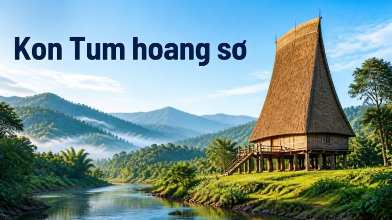 Nhà rông Tây Nguyên giữa núi rừng và dòng sông – minh họa du lịch Kon Tum hoang sơ