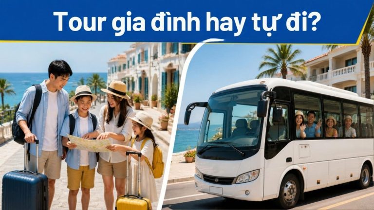 Gia đình tự xem bản đồ bên cạnh xe đưa đoàn du lịch – so sánh tour gia đình và tự đi