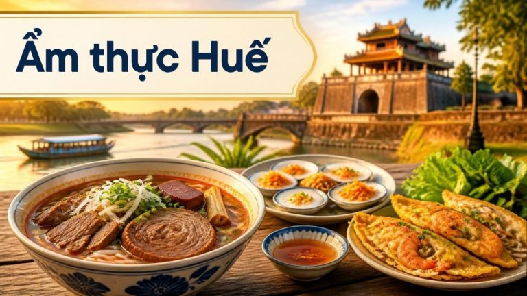 Bún bò Huế, bánh bèo, bánh khoái bên cổng thành Huế – minh họa ẩm thực Huế