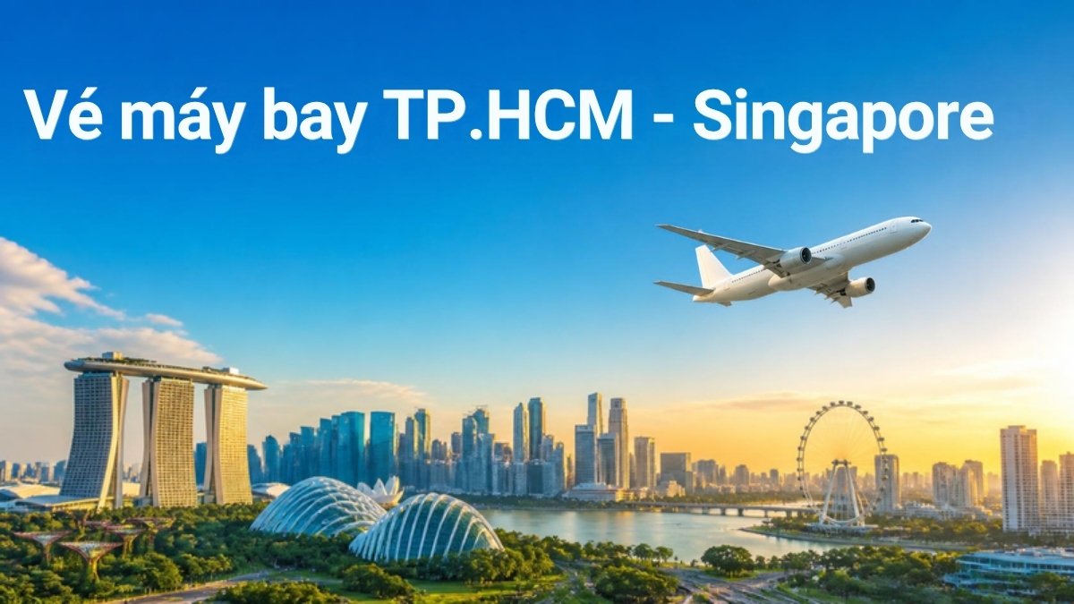 Máy bay bay trên đường chân trời thành phố Singapore – minh họa vé máy bay TP.HCM – Singapore