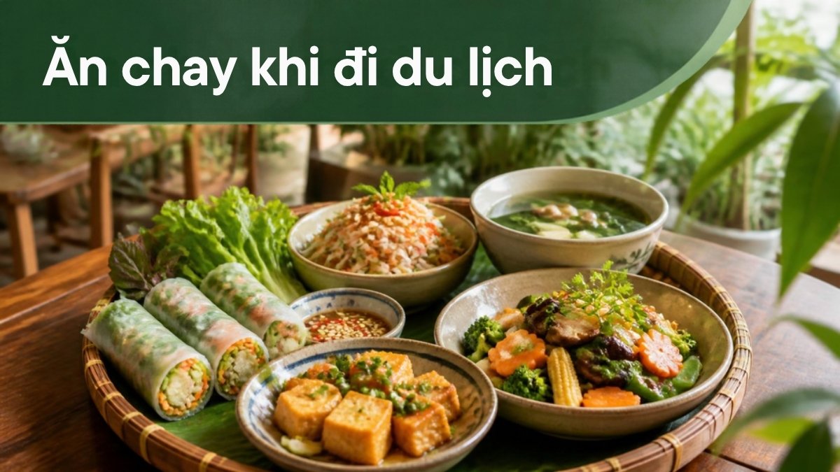 Mâm cơm chay với gỏi cuốn, đậu hũ, rau củ – minh họa ăn chay khi đi du lịch Việt Nam