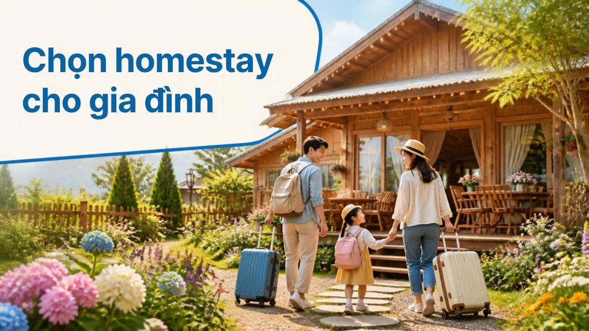 Gia đình kéo vali đến homestay nhà gỗ có vườn hoa – minh họa tiêu chí chọn homestay cho gia đình