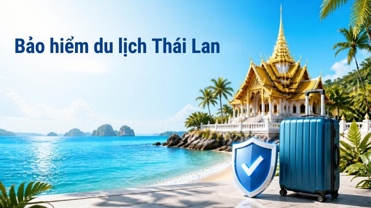 Chùa Thái mái vàng bên biển cùng vali và biểu tượng khiên bảo vệ – minh họa bảo hiểm du lịch Thái Lan