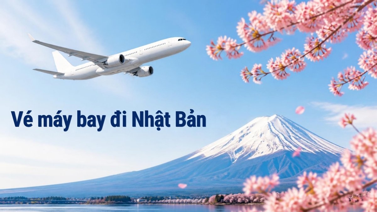 Máy bay bay ngang núi Phú Sĩ và hoa anh đào – minh họa vé máy bay đi Nhật Bản