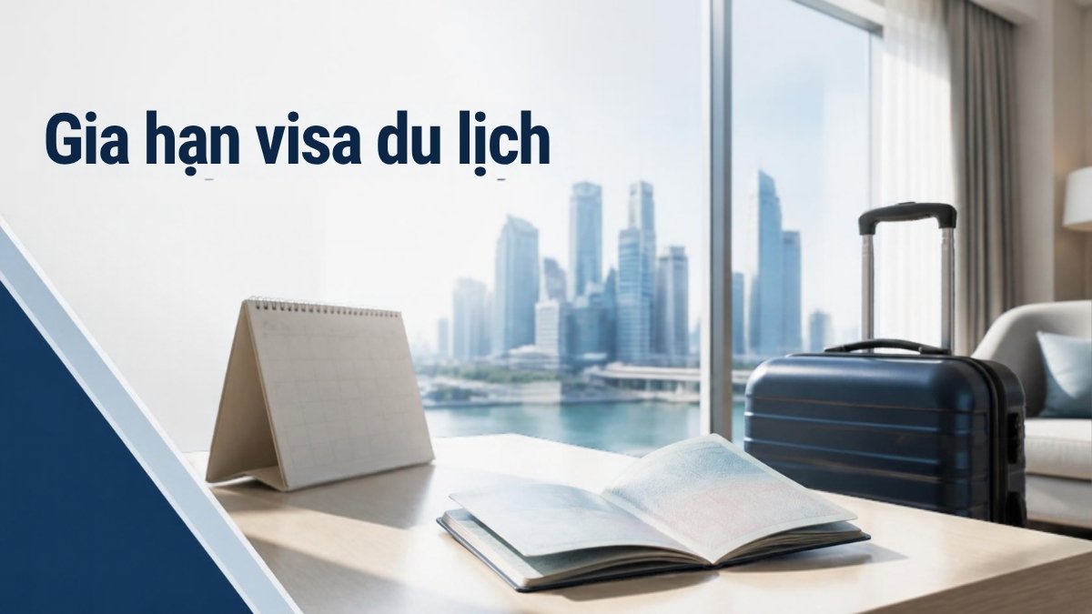 Hộ chiếu, lịch và vali trong phòng khách sạn – minh họa gia hạn visa du lịch khi đang ở nước ngoài