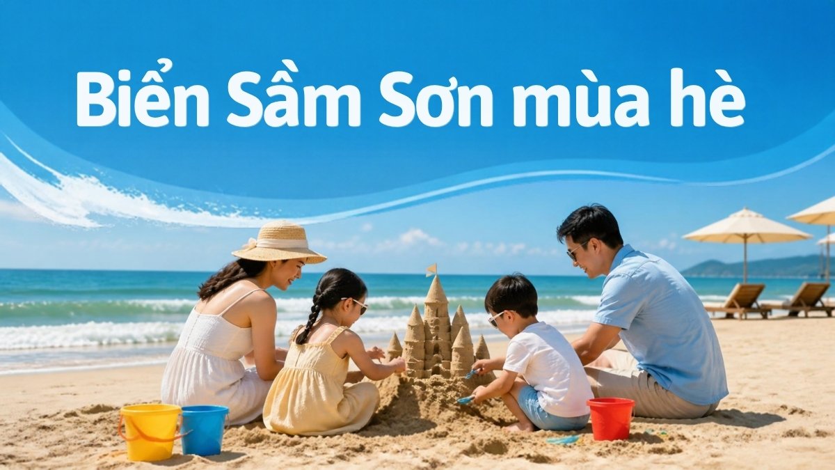 Gia đình xây lâu đài cát trên bãi biển mùa hè – minh họa biển Sầm Sơn cho gia đình