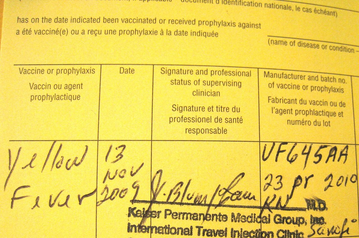 Sổ tiêm chủng quốc tế ghi nhận đã tiêm vaccine sốt vàng