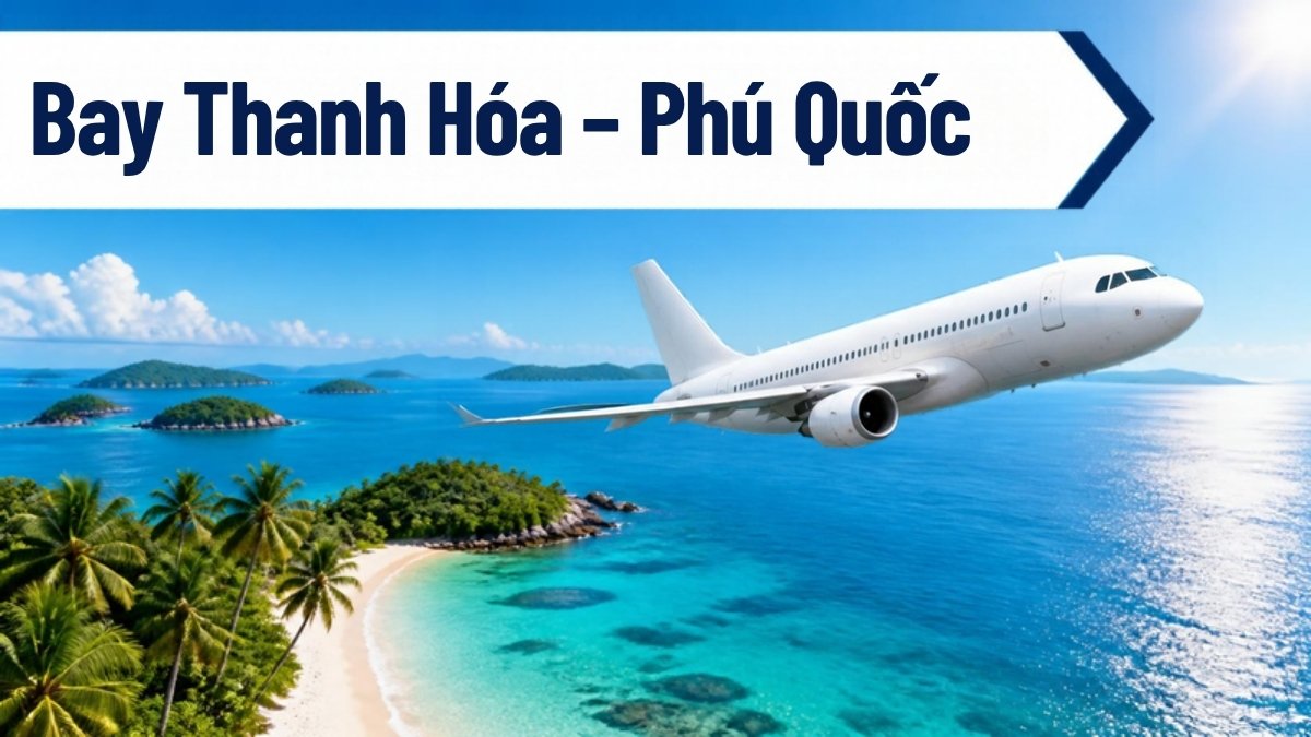 Máy bay trắng bay trên biển xanh và bãi cát Phú Quốc, minh họa tuyến bay Thanh Hóa – Phú Quốc