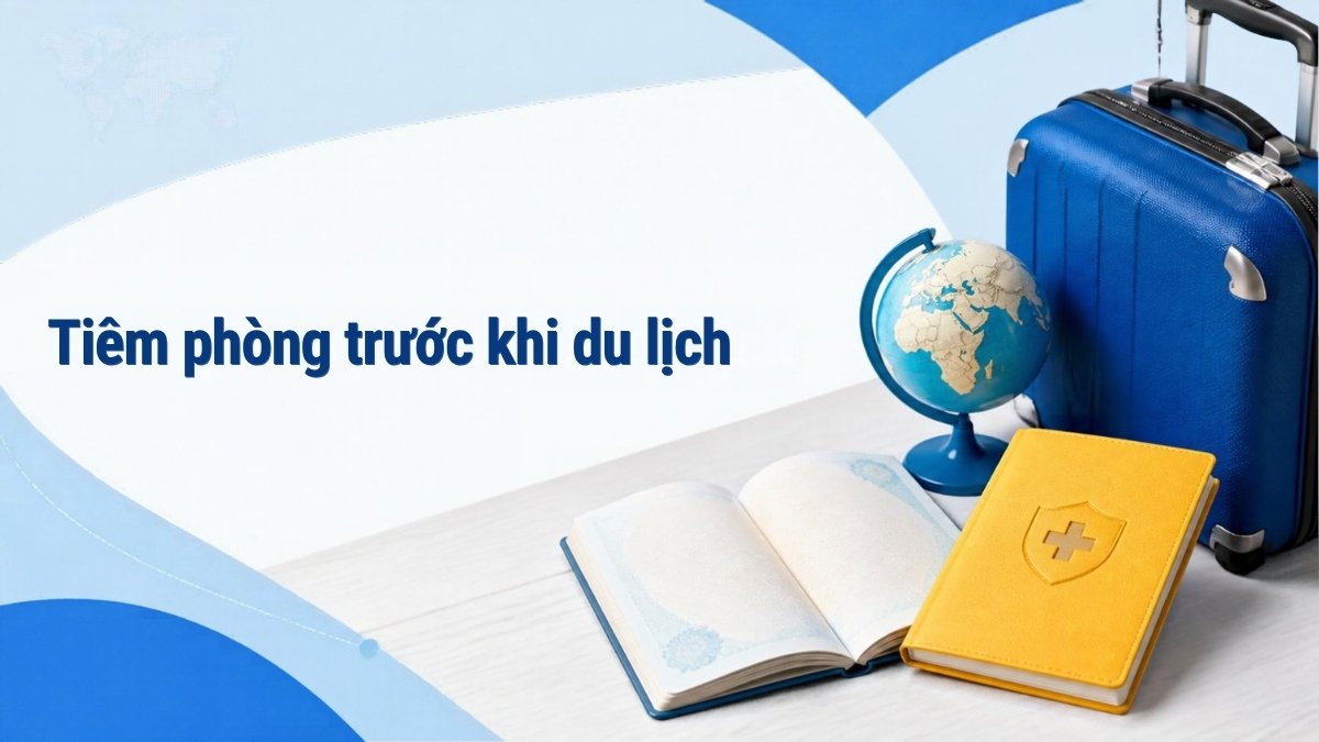 Hộ chiếu, sổ tiêm chủng, quả địa cầu và vali – minh họa tiêm phòng trước khi du lịch quốc tế