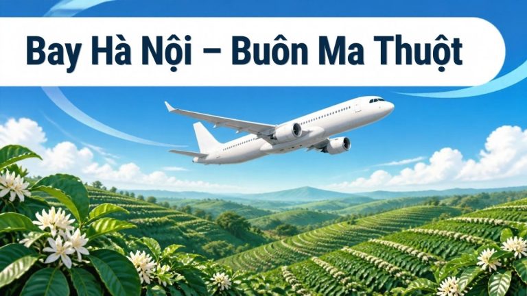 Máy bay trắng bay trên đồi cà phê nở hoa – vé máy bay Hà Nội đi Buôn Ma Thuột