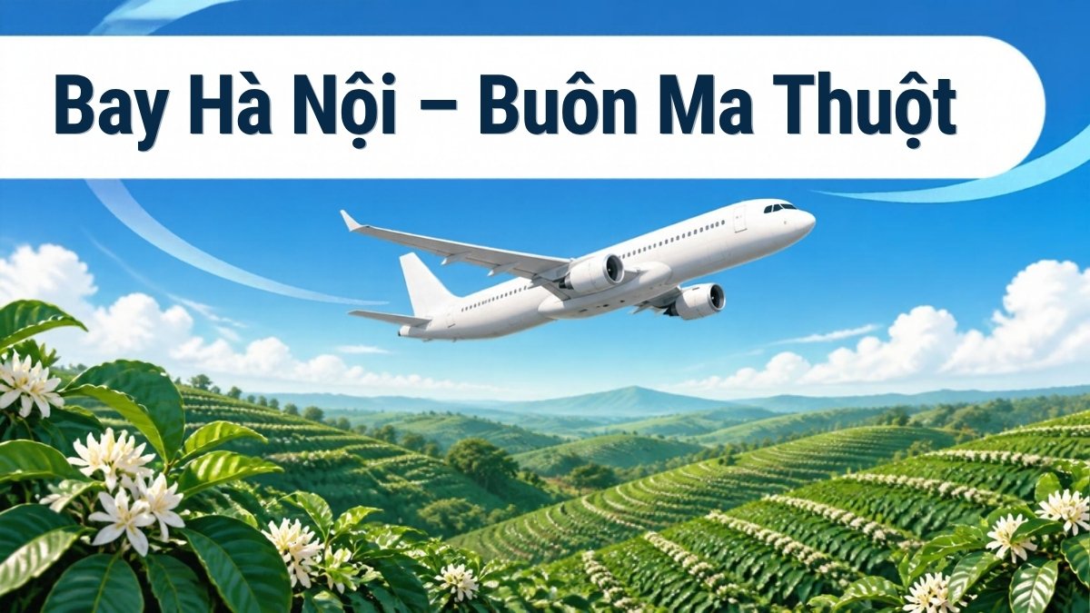 Máy bay trắng bay trên đồi cà phê nở hoa – vé máy bay Hà Nội đi Buôn Ma Thuột