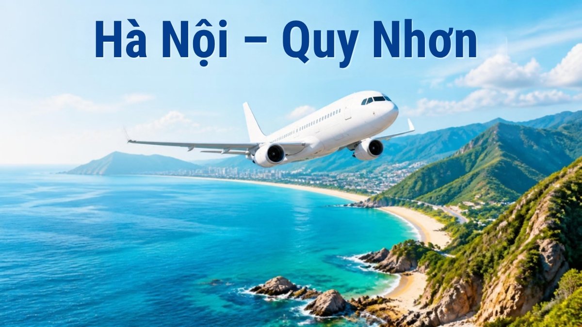 Máy bay trắng bay trên bờ biển Quy Nhơn với biển xanh ngọc, bãi cát và ghềnh đá, minh họa chuyến bay Hà Nội – Quy Nhơn