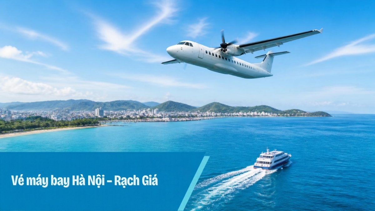 Máy bay cánh quạt bay trên biển Rạch Giá và tàu cao tốc ra Phú Quốc – minh họa vé máy bay Hà Nội – Rạch Giá