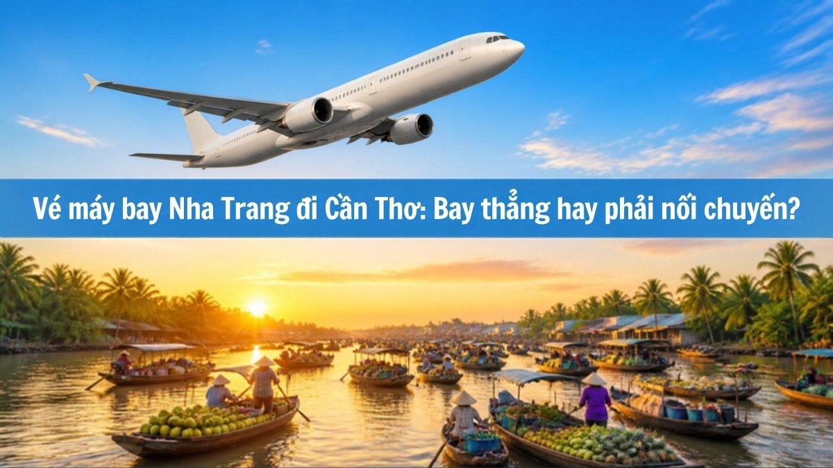 Máy bay bay trên chợ nổi Cái Răng Cần Thơ lúc bình minh – minh họa bài vé máy bay Nha Trang đi Cần Thơ bay thẳng hay nối chuyến