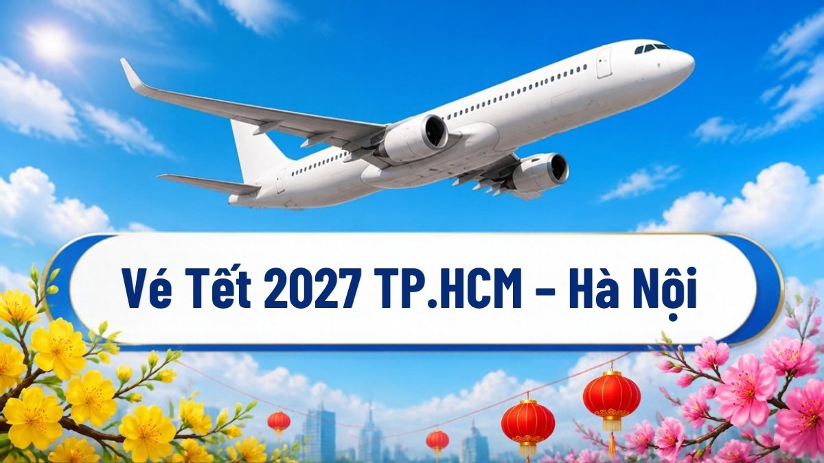 Máy bay cất cánh giữa hoa mai, hoa đào ngày Tết – vé máy bay Tết 2027 TP.HCM – Hà Nội