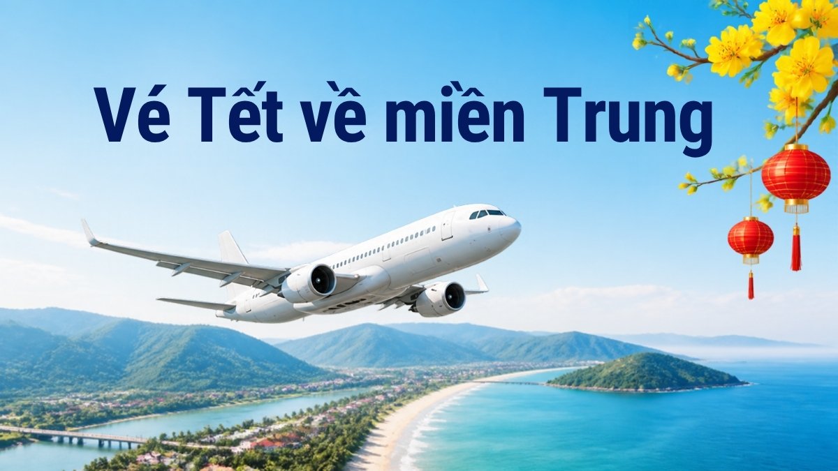 Máy bay trắng bay trên bờ biển miền Trung với hoa mai, đèn lồng – canh vé máy bay Tết về miền Trung
